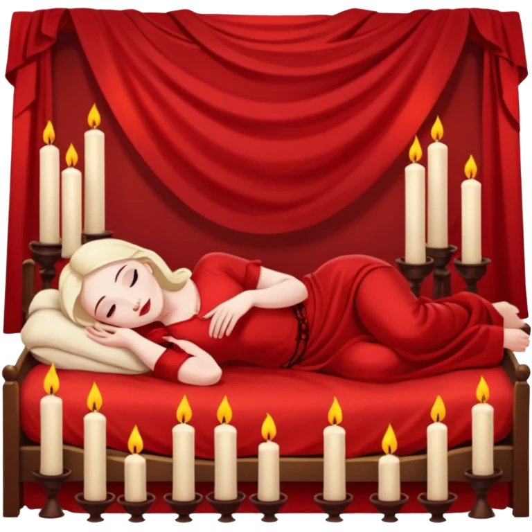Low bed, red sheets, candles everywhere, woman reclining in shadowed control emoji