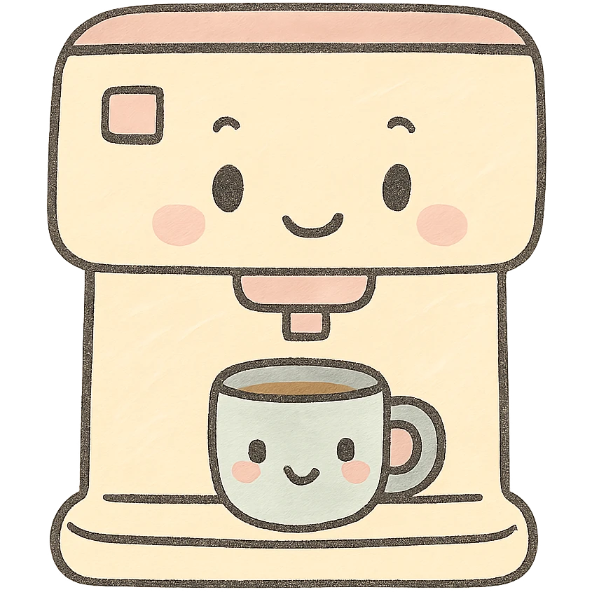 kawaii coffee machine, full body, cute smiling face, soft pastel colors, hand-drawn style emoji