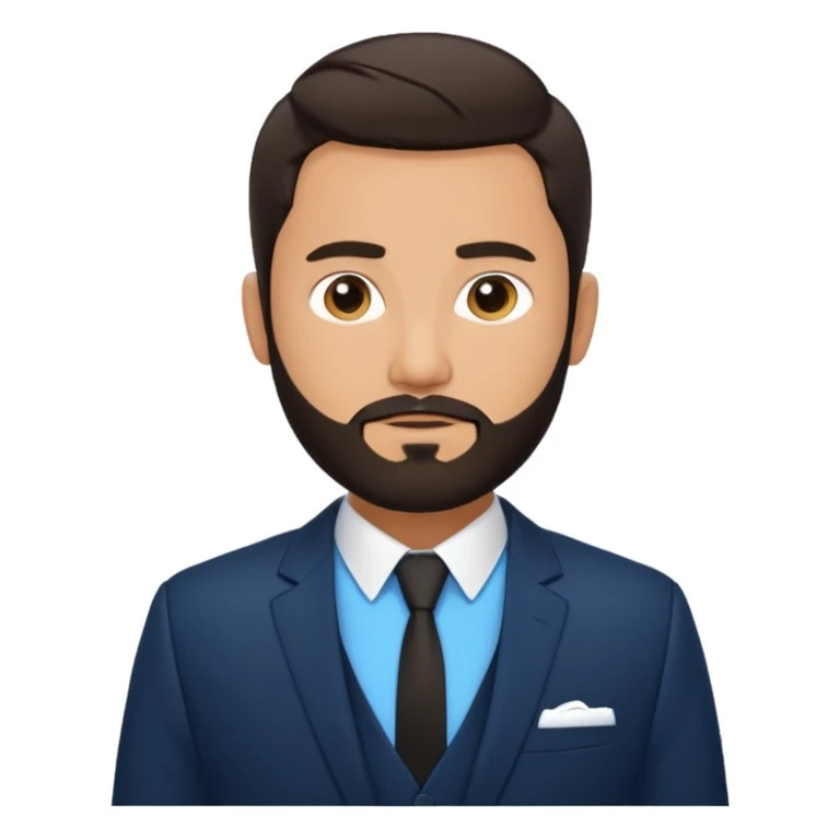 emoji-style man with short dark hair and beard, wearing black suit jacket and white shirt, blue background with white laurel graphic emoji
