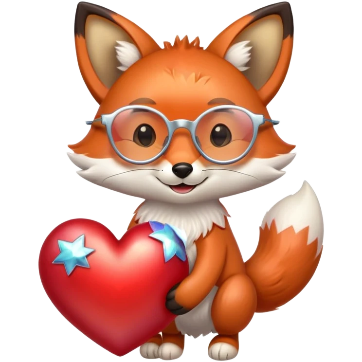 A dreamy fox with iridescent fur, a glowing tail, a silver star on its forehead, and round glasses, hugging a big red heart and smiling warmly. 🦊❤️ emoji