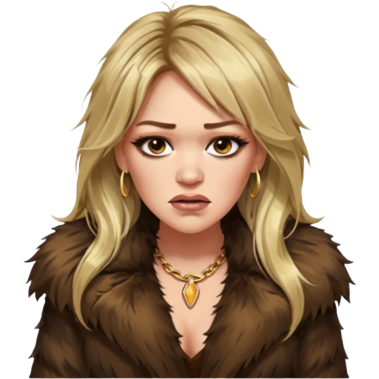 Cinematic realistic ultra HD angry, moody, glamorous extremely made up Hilary Duff extremely long long hair in shaggy fur coat with bronze flash emoji