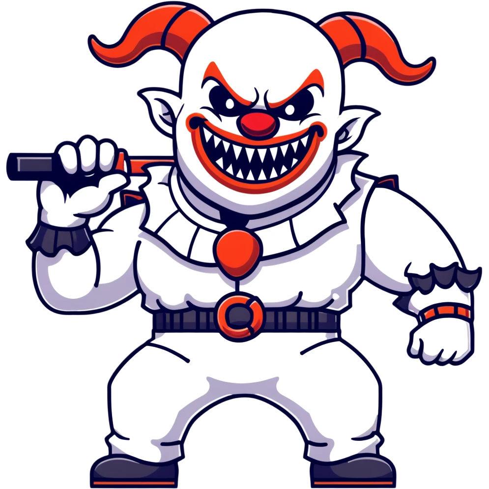 full-body muscular demonic clown, battle-ready, black and white leisure suit with bellbottom pants, bald, black ram horns, flashy black and white belt, ruffled white shirt, no neck tie, large fangs, holding very large futuristic rifle emoji