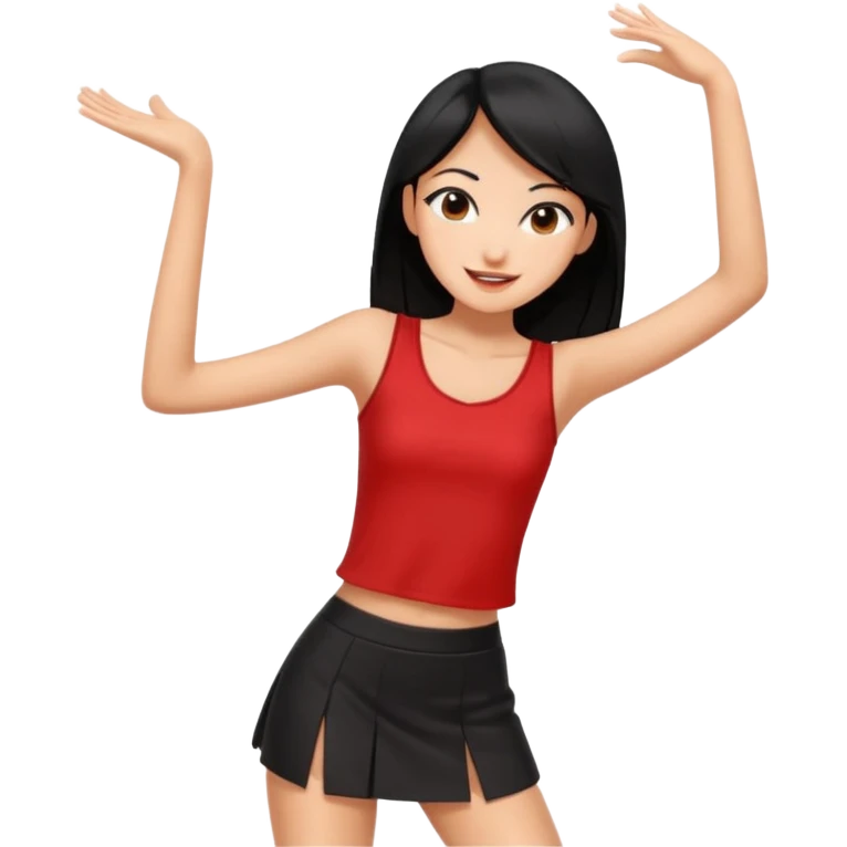 Chicas esbelta con falda corta negra y top rojo,pelo semi largo negro y lacio  super feliz,pero bailando emoji