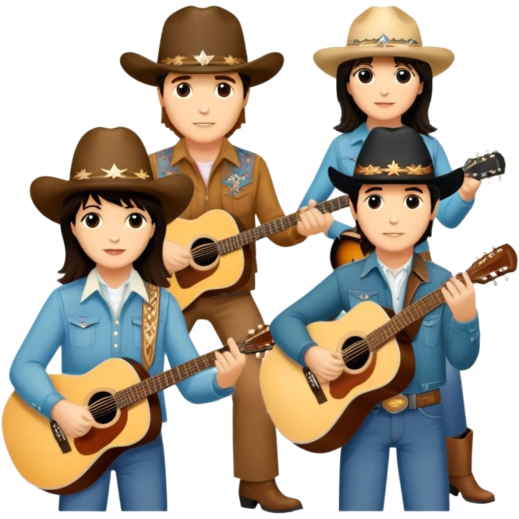 Icon for Country Music: A collage featuring Eagles as a band, Ricky Nelson, and Linda Ronstadt. Acoustic guitars, cowboy hats, and a vintage Americana aesthetic evoke the spirit of classic country and country rock. Warm earthy tones. Transparent background. emoji