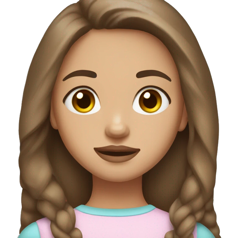 A girl with long brown hair, hazel eyes, light skin, long eyelashes, drawn eyebrows, and pink lips. emoji