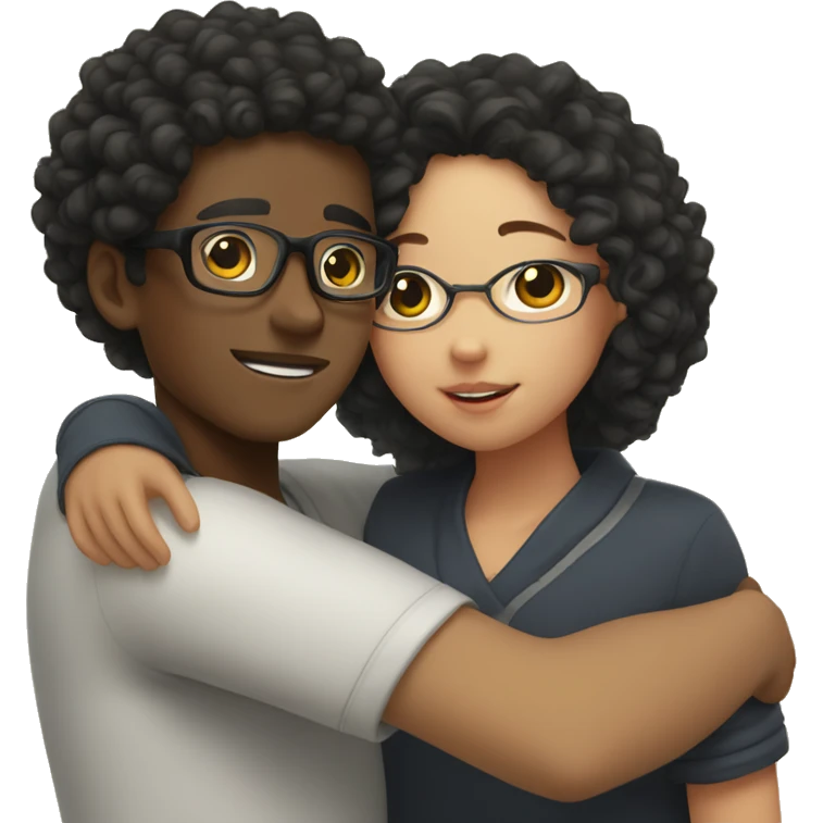 black boy with curly hair and glasses hugging an Asian girl emoji