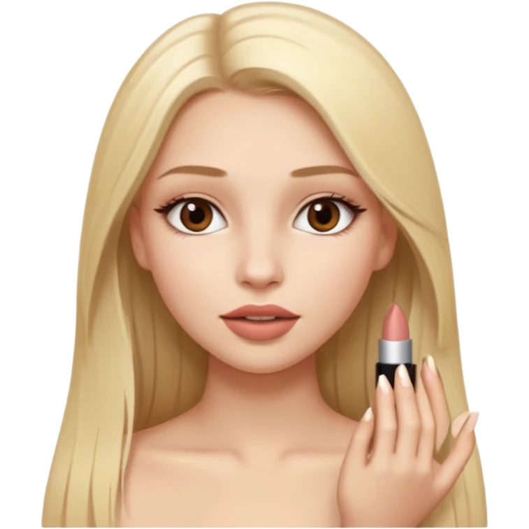 una chica con pose divertida de 18 años con los labios con pintalabios nude y los ojos maquillados, de piel blanca con el pelo liso, largo y rubio, ojos marrones GUAPA emoji