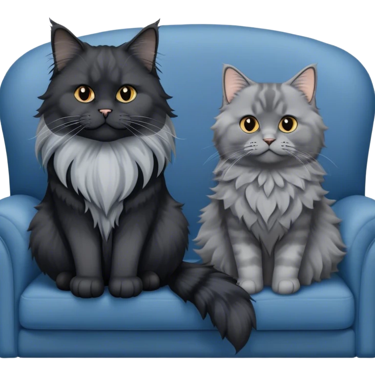 A large black smoke Maine Coon cat with long grey ear tufts and a fluffy grey ruff, sitting next to a chubby British Shorthair cat in blue color with plush fur, both sitting comfortably on a sofa. Beautiful room background with flowers and soft lighting. Transparent background. emoji