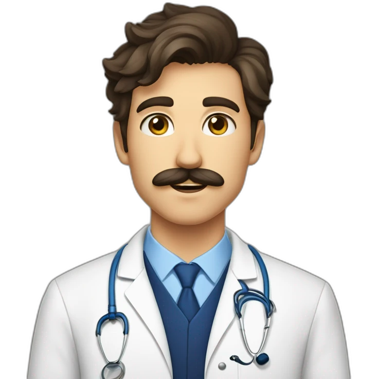 Jeune docteur mâle Brun, aux YEUX BLEUS, portant une moustache et un bouc  emoji