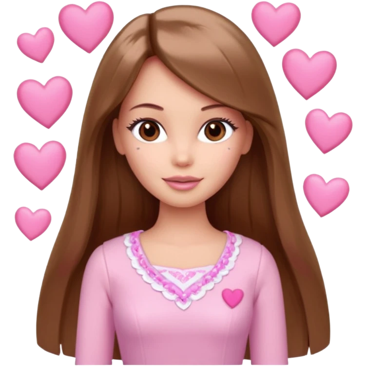 Barbie girl , brown long straight hair and brown eyes is In pale pink clothes There are pink hearts all around emoji