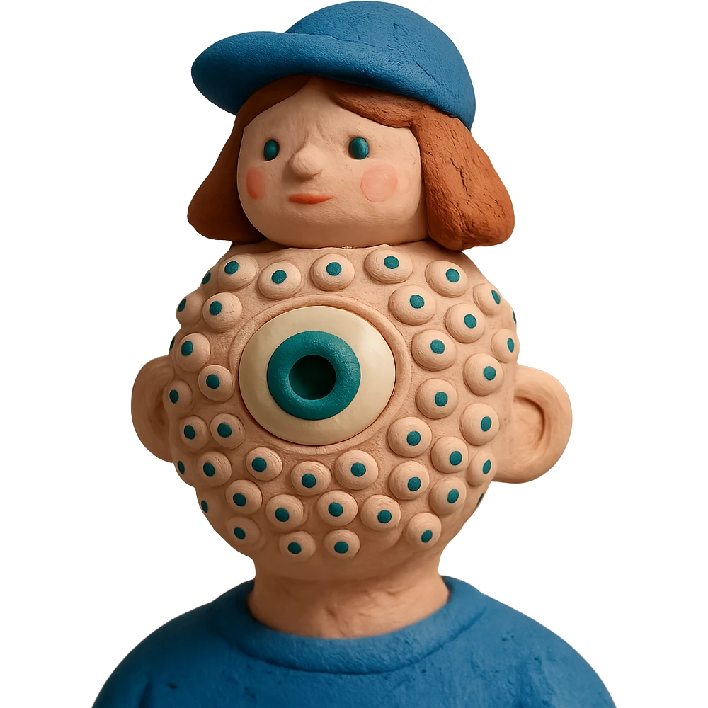 guy with 300 eyes, one big green eye in the middle of his head, hat made out of a girl on his head emoji