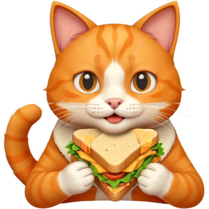 cute orange cat portrait, head and shoulders only, biting a sandwich, funny expression, 3D cartoon, mobile game icon style, clean background, no text, no watermark emoji