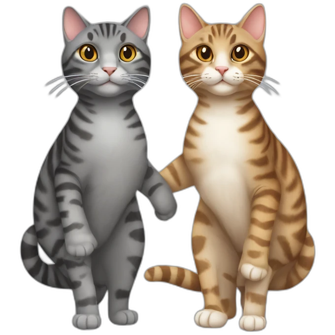 One tortoiseshell tabby cat and one gray tabby cat holding hands emoji