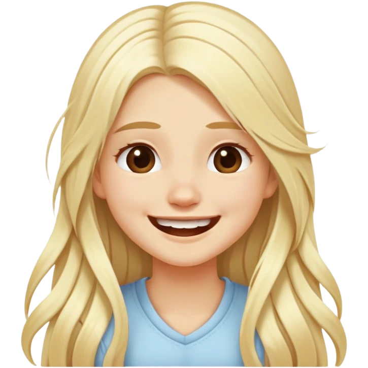 A girl with long blond hair and two white strands of hair at her face sits and laughs emoji