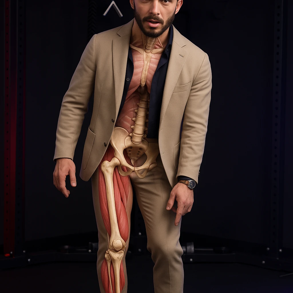 Realistic man standing in a gym, pose as in the reference, pelvis tilted, knee in valgus, and pronated foot. Visible skin and muscles, some translucent areas partially showing bones and joints involved (pelvis, knee, foot). Natural expression, clothing similar to the reference, hyperrealistic 4K details, gym environment. Frontal view. Variant 8. emoji