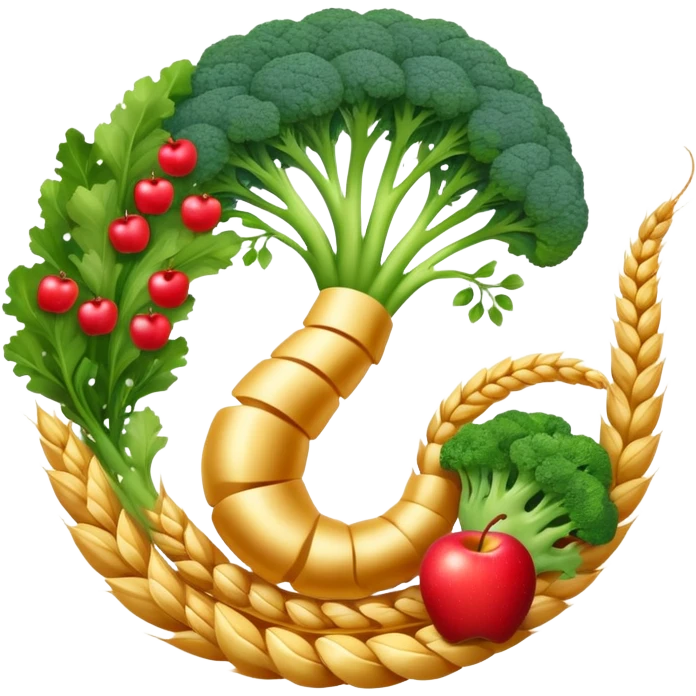 Golden wheat stalks, green leafy vegetables, bright apples, berries, broccoli, and tiny seeds surrounding a glowing spiral digestive system. Light sparkles flow through the intestines showing fiber's cleansing effect. emoji