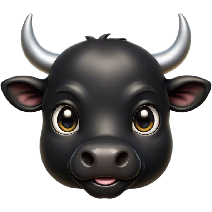 Cinematic Cute Black Bull Portrait Emoji, Head tilted playfully and inquisitively, featuring a glossy, robust black hide with a striking sheen, round, sparkling dark eyes filled with gentle curiosity, Simplified yet irresistibly adorable features, highly detailed, glowing with a warm, friendly glow, high shine, affectionate and imposing, stylized with a touch of rugged charm, bright and endearing, soft glowing outline, capturing the essence of a mischievous yet loving bull, so playful it feels like it could stomp out of the screen and into your arms! emoji