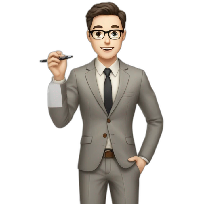 Pale skinned fit man with dark brown hair in gray jacket, beige office shirt, brown tie, brown pants and vintage glasses Writing on a marker board emoji