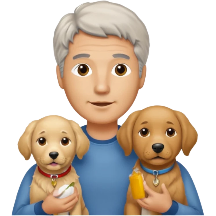 Italian man. No moustache. with salt and pepper hair holding a golden retriever and a labrador dog emoji
