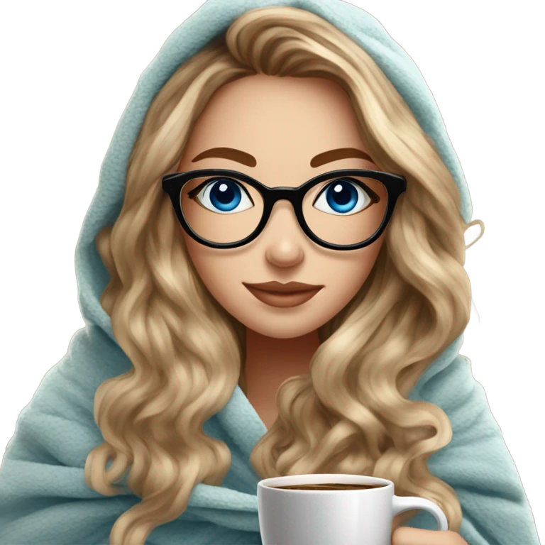 Balayage hair Girl drinking coffee, with a cozy blanket wearing glasses with blue eyes photo beautiful  emoji