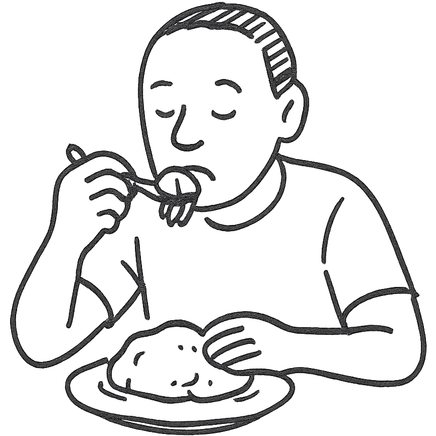 hand drawn sketch, simple lines, man eating sadza, focus on food and hands emoji