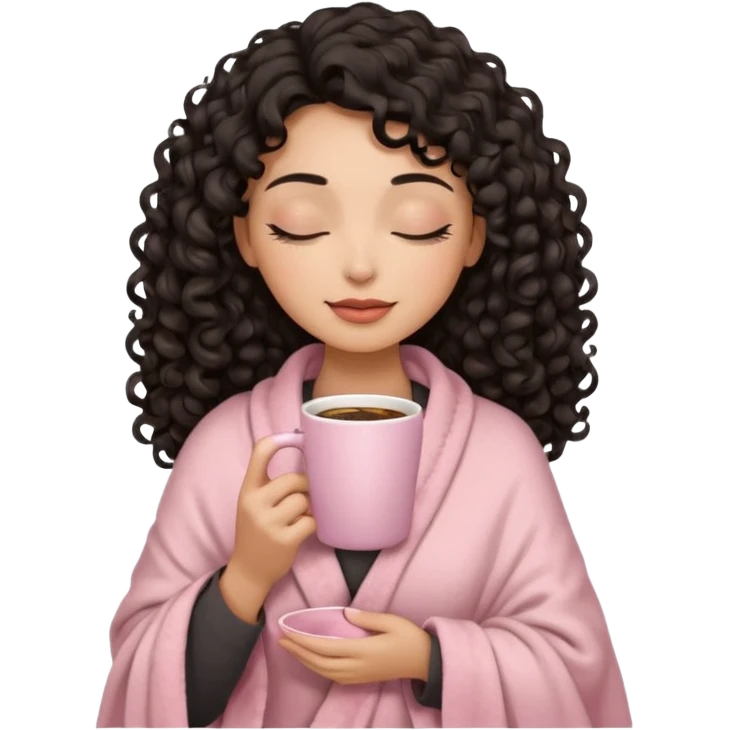 woman with hispanic medium skin tone, black long 3b curls, closed eyes, feminine face, holding soft pink coffee cup with beige blanket over shoulders emoji