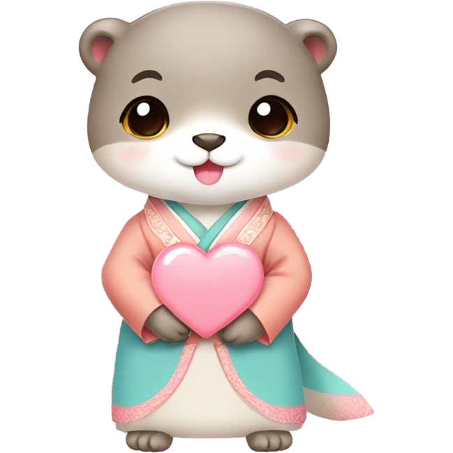 A cute and lovely otter dressed in pastel-colored traditional Korean hanbok, holding a coral-pink heart emoji