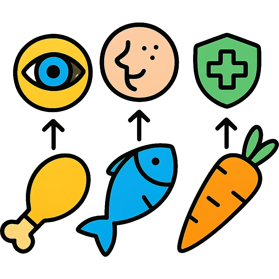 Food sources of Vitamin A: chicken, fish, and carrots with arrows pointing to healthy eye, skin and immune system emoji