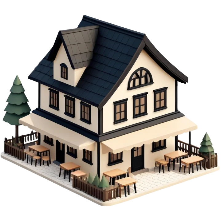 Isometric exterior little black, beige, and white mountain restaurant, dollhouse style 3D realistic  emoji