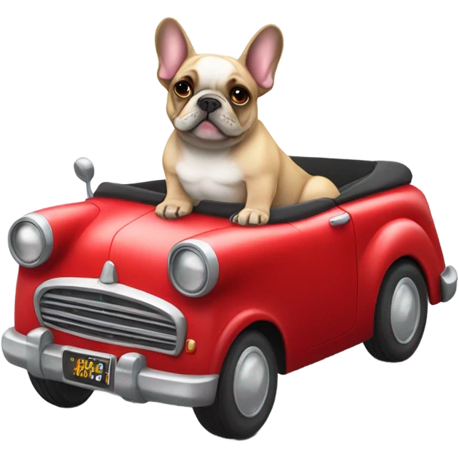French bulldog in a red classic convertible car driving with the top down  emoji