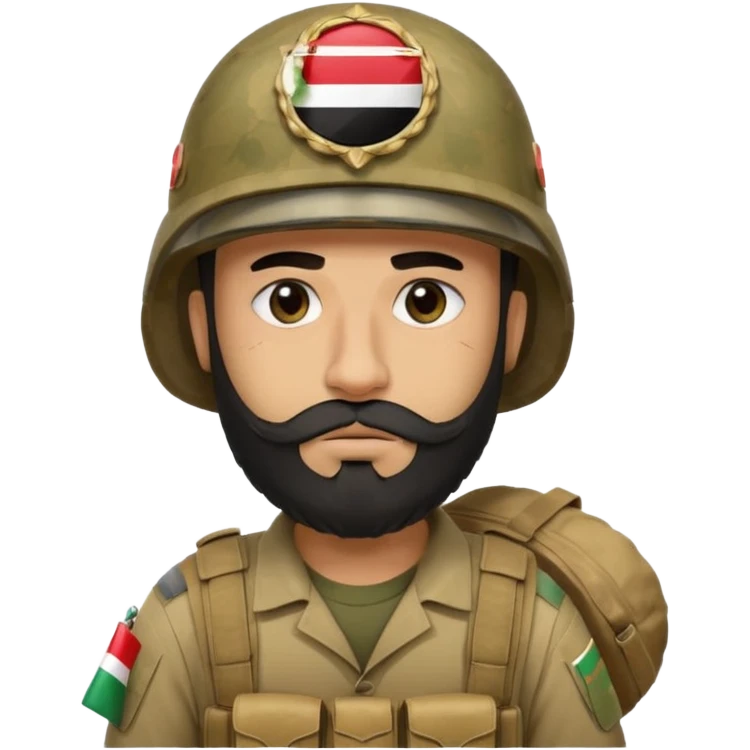 A tired, swarthy Iraqi soldier with a beard, an Iraqi flag on his helmet, a sad expression and bags under his eyes emoji