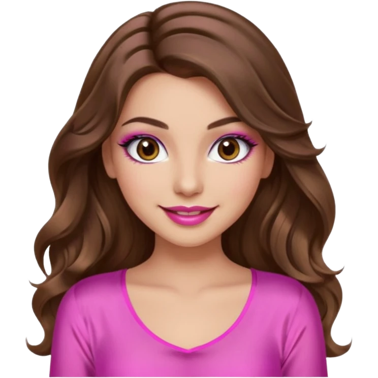 girl with long wavy brown hair, brown eyes, long lashes makeup, sexy pink lips, light to medium complexion, wearing a pink sexy silk top, smiling emoji