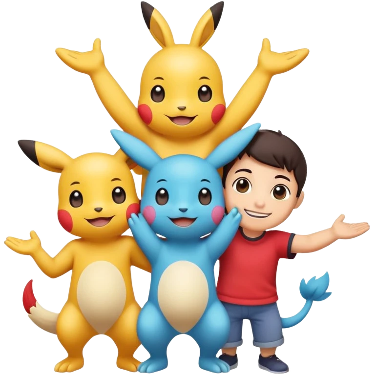 Three Pokémon characters working together as friends — bright, cheerful, and playful. They are helping each other: one is lifting another up, another is offering a hand, and they are all smiling. The style is colorful, cute, and cartoon-like, with a joyful background. emoji