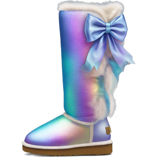 Tall Pair of iridescent fur Ugg boots with silk ribbon bow. emoji