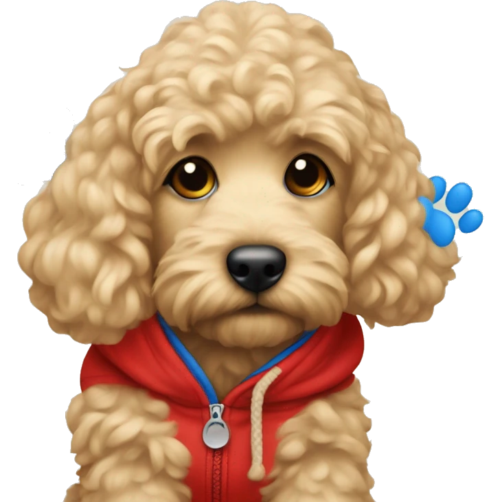 Blonde Cocapoo with red hoodie and blue dog paw prints  emoji