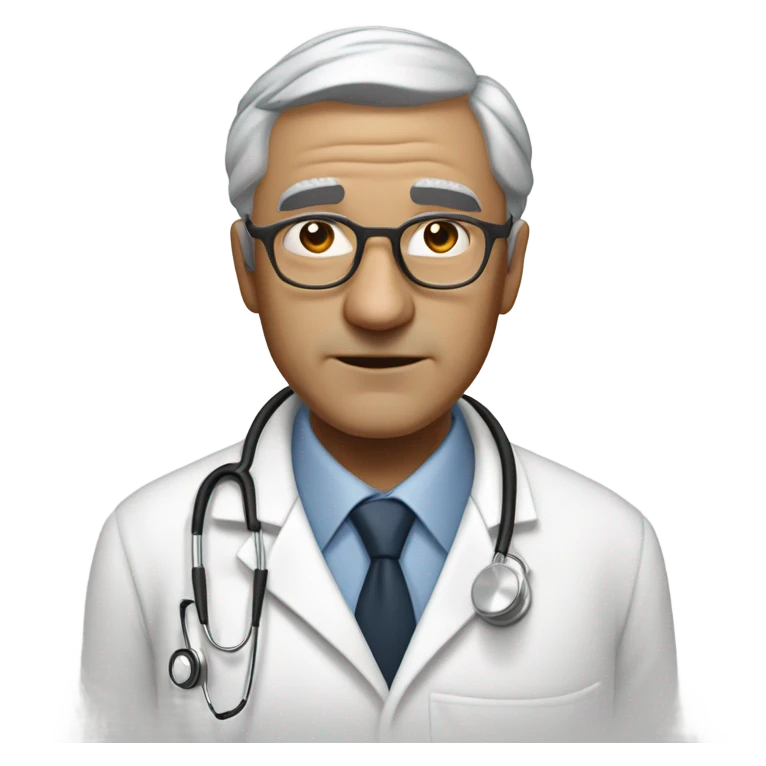 "An older man with thin, neatly combed gray hair, a sharp nose, and a cold, analytical look. He wears a pristine white coat, thin glasses, and carries a stethoscope or medical bag." emoji