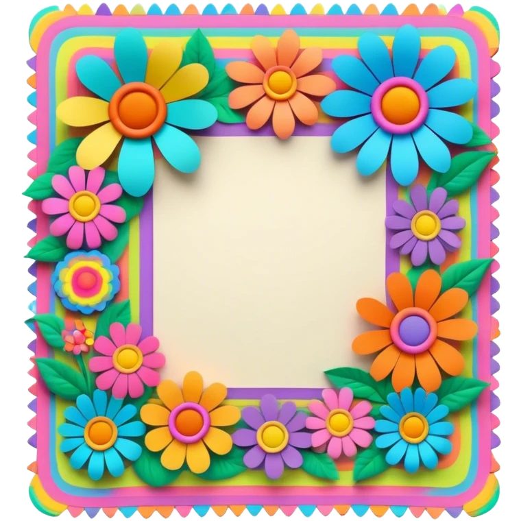 3D, psychedelic colored note paper with hippie style flower border emoji
