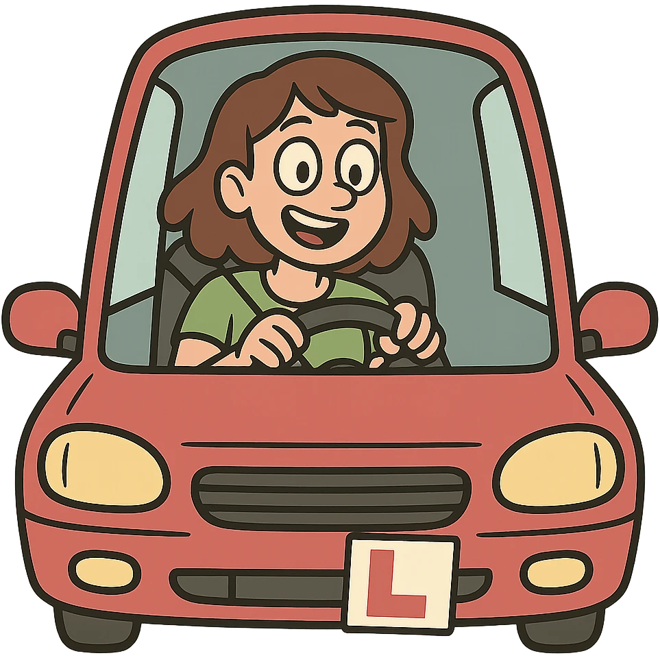cheerful learner driver behind the wheel of a car with L-plate on the car, cartoon style emoji