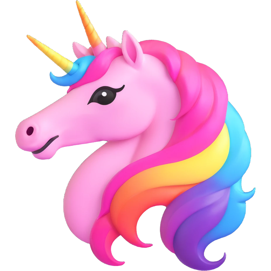 pink glitter unicorn with rainbow mane and rainbow horn in 3D emoji microsoft style emoji