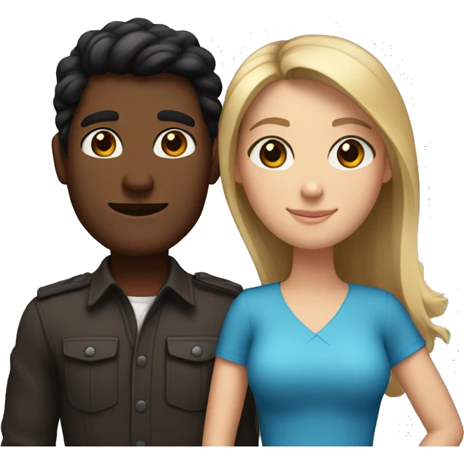 Couple with arms around each other. man with brown skin and black hair. Shorter white woman with long brown hair and blue eyes  emoji