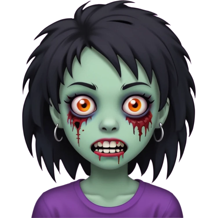 girl, zombie, black coily hair, medium long, emo, shaggy, dark, spooky, piercing on eyebrow, colourful teeth, creepy blank expression emoji