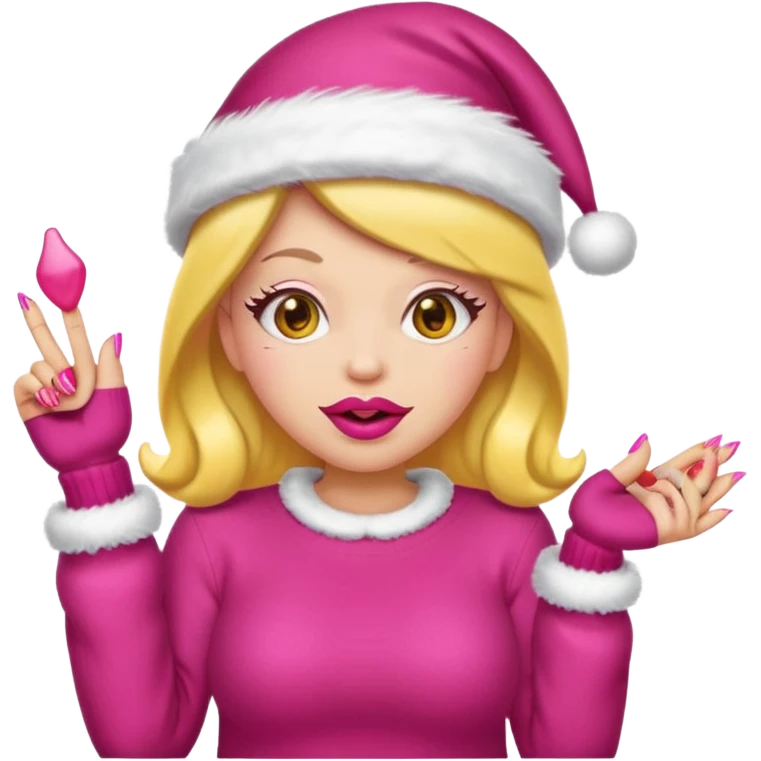 Sassy, cunty, girly Santa emoji with big lips, fake nails, pink sweater, and a pink santa hat (similar emoji style to uploaded). Yellow emoji. emoji