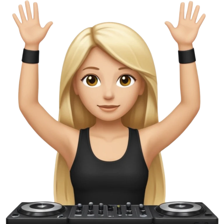 I want a white female dj animated gif emoji with long straight blonde hair putting hands up in the air. Wearing a black tight top with no sleeve emoji