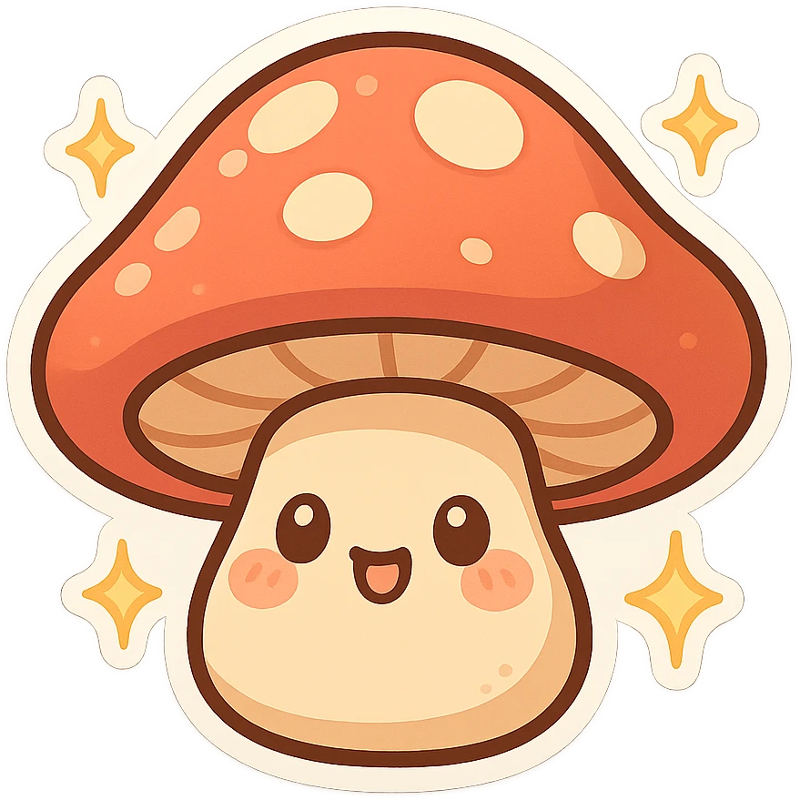 chibi sticker-style mushroom with sparkles, cute and exaggerated emoji