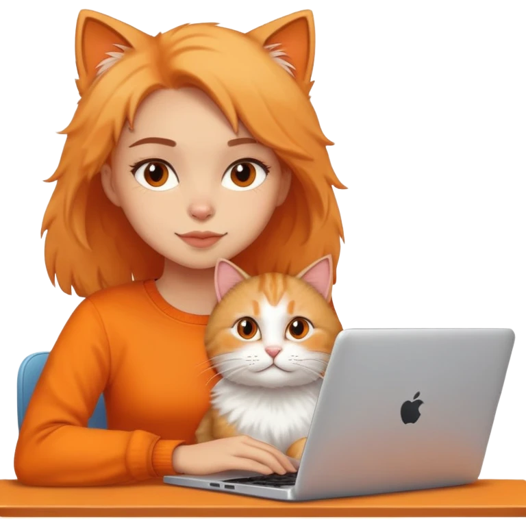 A girl is working on a laptop with a cat lying next to it emoji