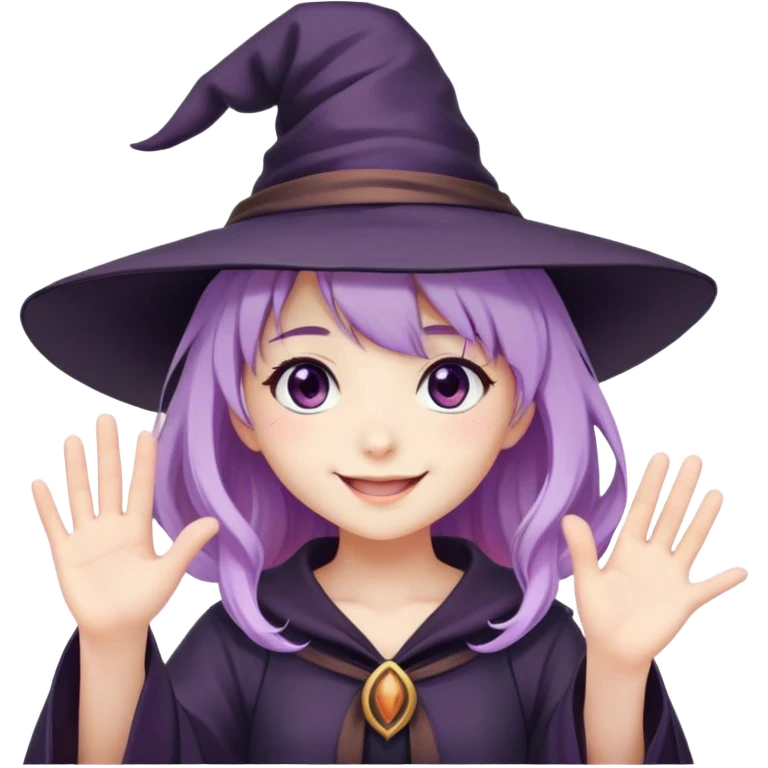 anime girl with lilac hair in a witch hat waving and smiling emoji