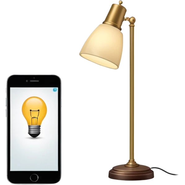 smartphone in foreground showing a quiz interface, with a floor lamp protruding from behind the phone emoji