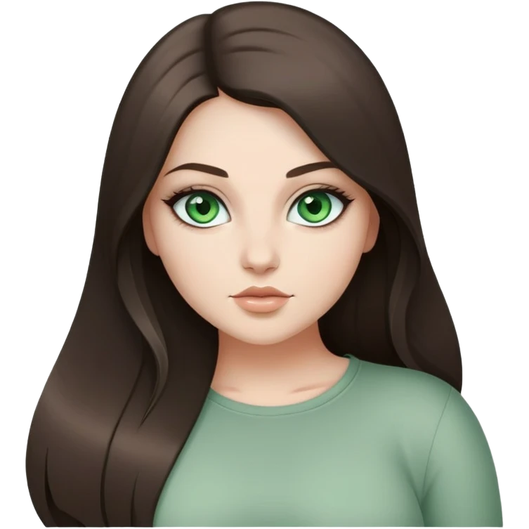 Curvy but beautiful brunette girl, desaturated green eyes, pin straight super long hair, modern style emoji