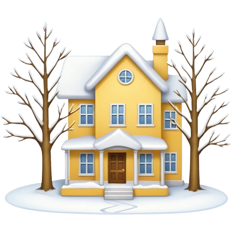 Yellow-white house. A small tree. Winter emoji