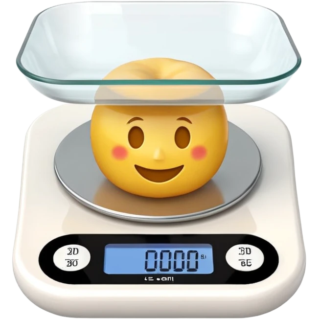 iOS-style 3D emoji: a small digital kitchen scale with a flat platform and an LCD screen displaying 0 g. emoji